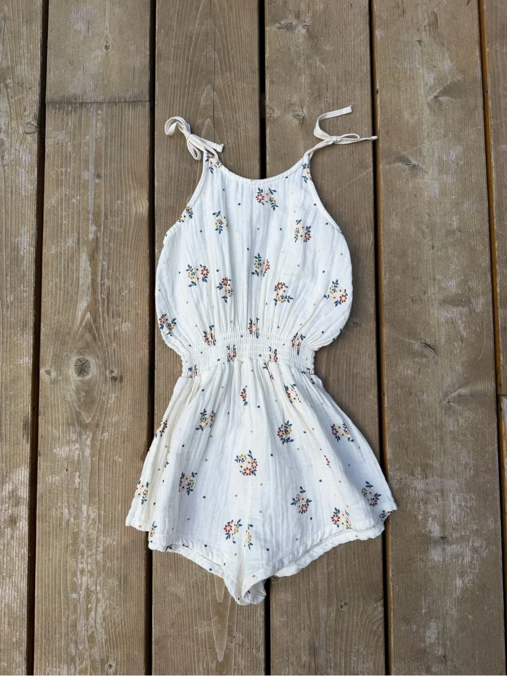 LiiLU Girls White Floral Tie-Shoulder Romper with Smocked Waist